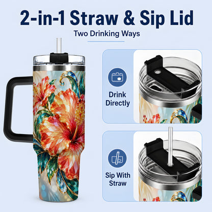 #pl[40oz|Black] Jeweled Hibiscus Tropical Floral 40oz Tumbler for Flower Art Lovers