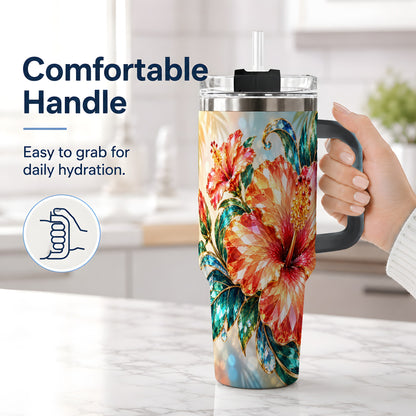 #pl[40oz|Black] Jeweled Hibiscus Tropical Floral 40oz Tumbler for Flower Art Lovers