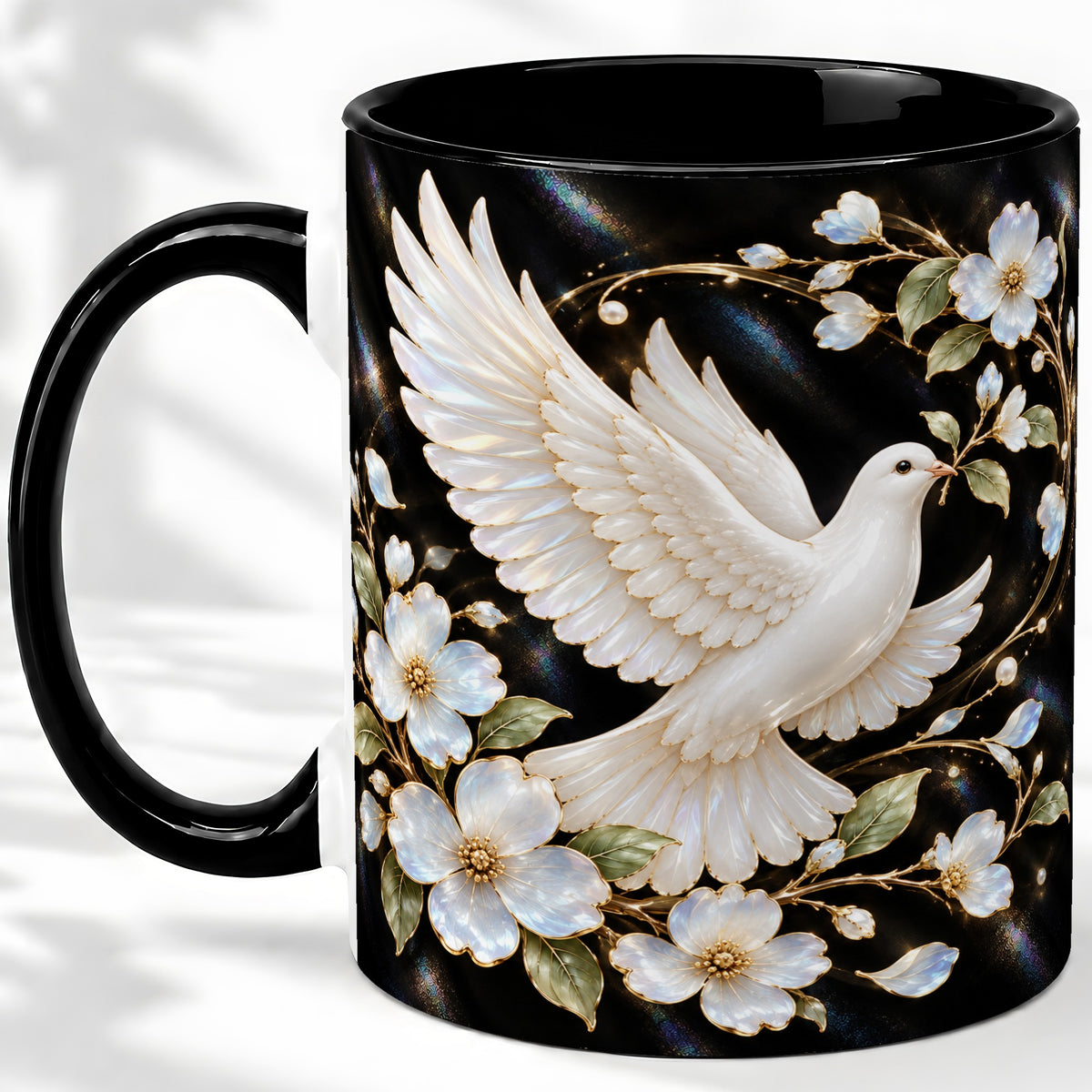 #pl[11oz|Black] White Dove Floral Ceramic Mug for Bird Lovers