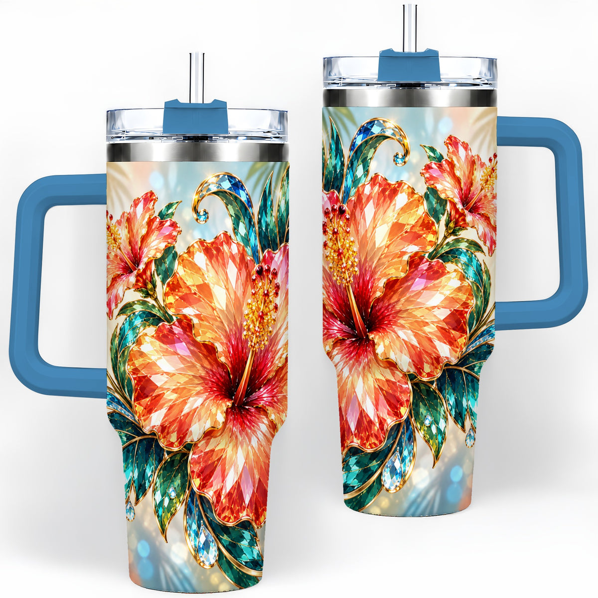 #pl[40oz|Blue] Jeweled Hibiscus Tropical Floral 40oz Tumbler for Flower Art Lovers
