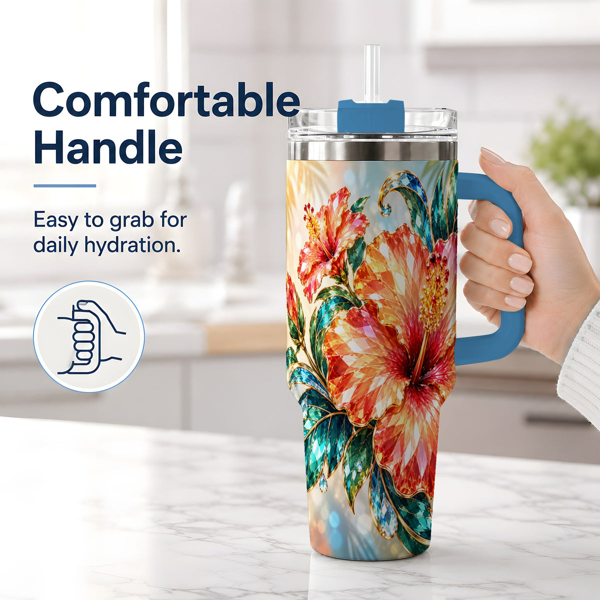 #pl[40oz|Blue] Jeweled Hibiscus Tropical Floral 40oz Tumbler for Flower Art Lovers