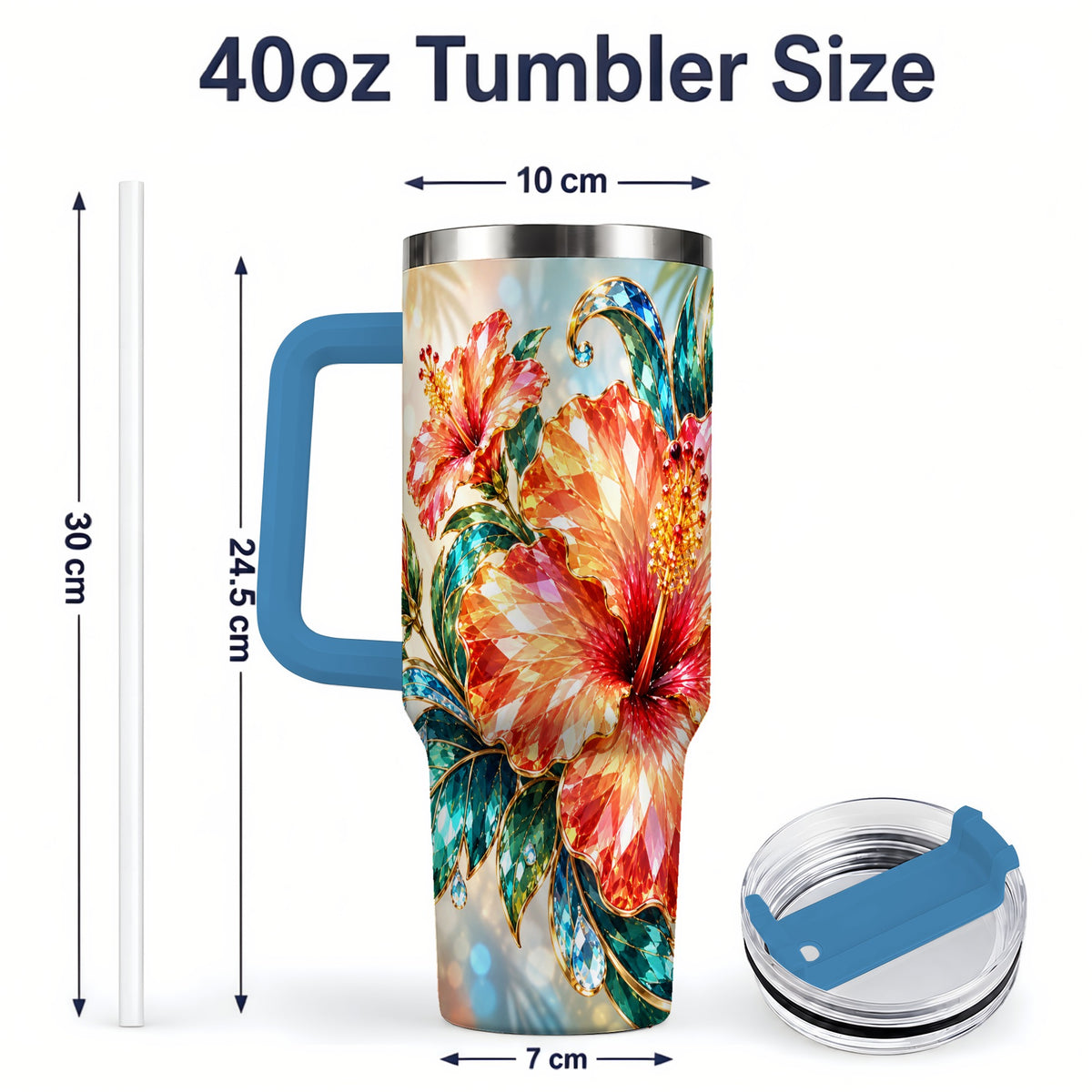 #pl[40oz|Blue] Jeweled Hibiscus Tropical Floral 40oz Tumbler for Flower Art Lovers