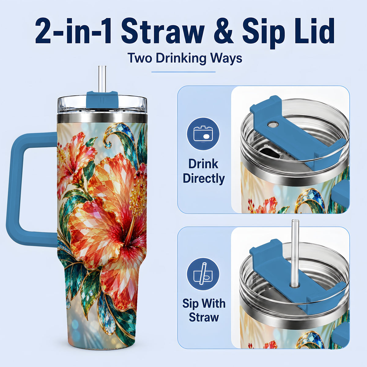 #pl[40oz|Blue] Jeweled Hibiscus Tropical Floral 40oz Tumbler for Flower Art Lovers