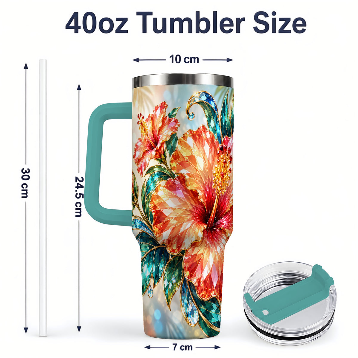 #pl[40oz|Green] Jeweled Hibiscus Tropical Floral 40oz Tumbler for Flower Art Lovers