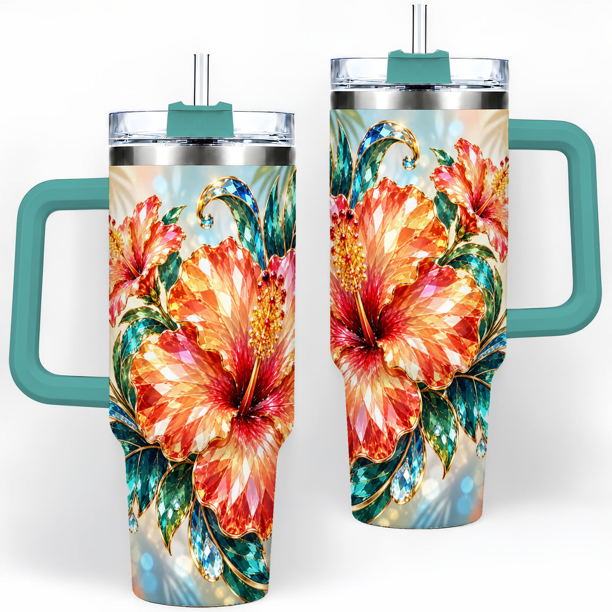 #pl[40oz|Green] Jeweled Hibiscus Tropical Floral 40oz Tumbler for Flower Art Lovers