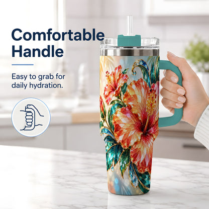 #pl[40oz|Green] Jeweled Hibiscus Tropical Floral 40oz Tumbler for Flower Art Lovers
