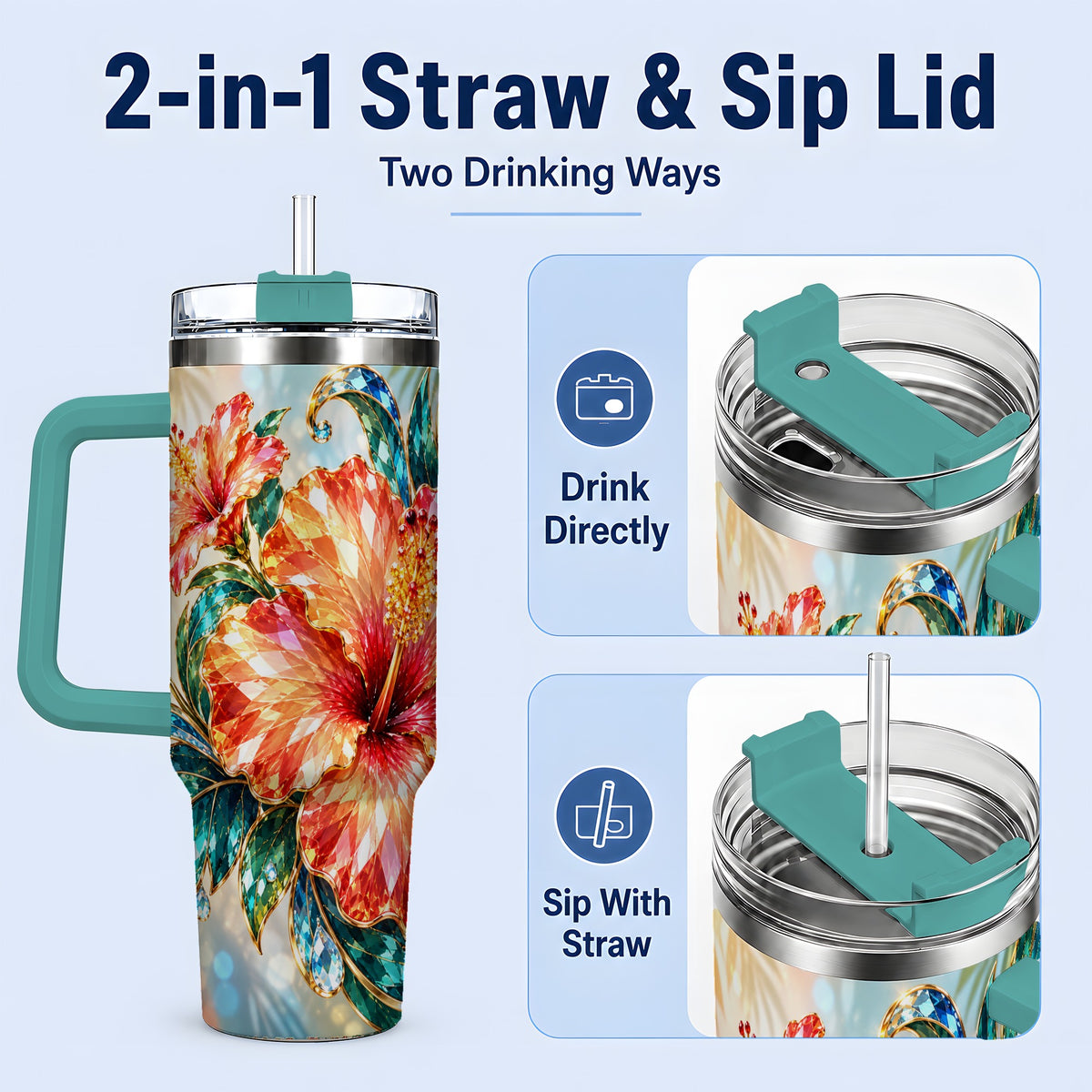 #pl[40oz|Green] Jeweled Hibiscus Tropical Floral 40oz Tumbler for Flower Art Lovers