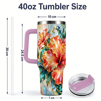 #pl[40oz|Pink] Jeweled Hibiscus Tropical Floral 40oz Tumbler for Flower Art Lovers