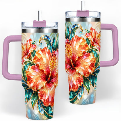 #pl[40oz|Pink] Jeweled Hibiscus Tropical Floral 40oz Tumbler for Flower Art Lovers