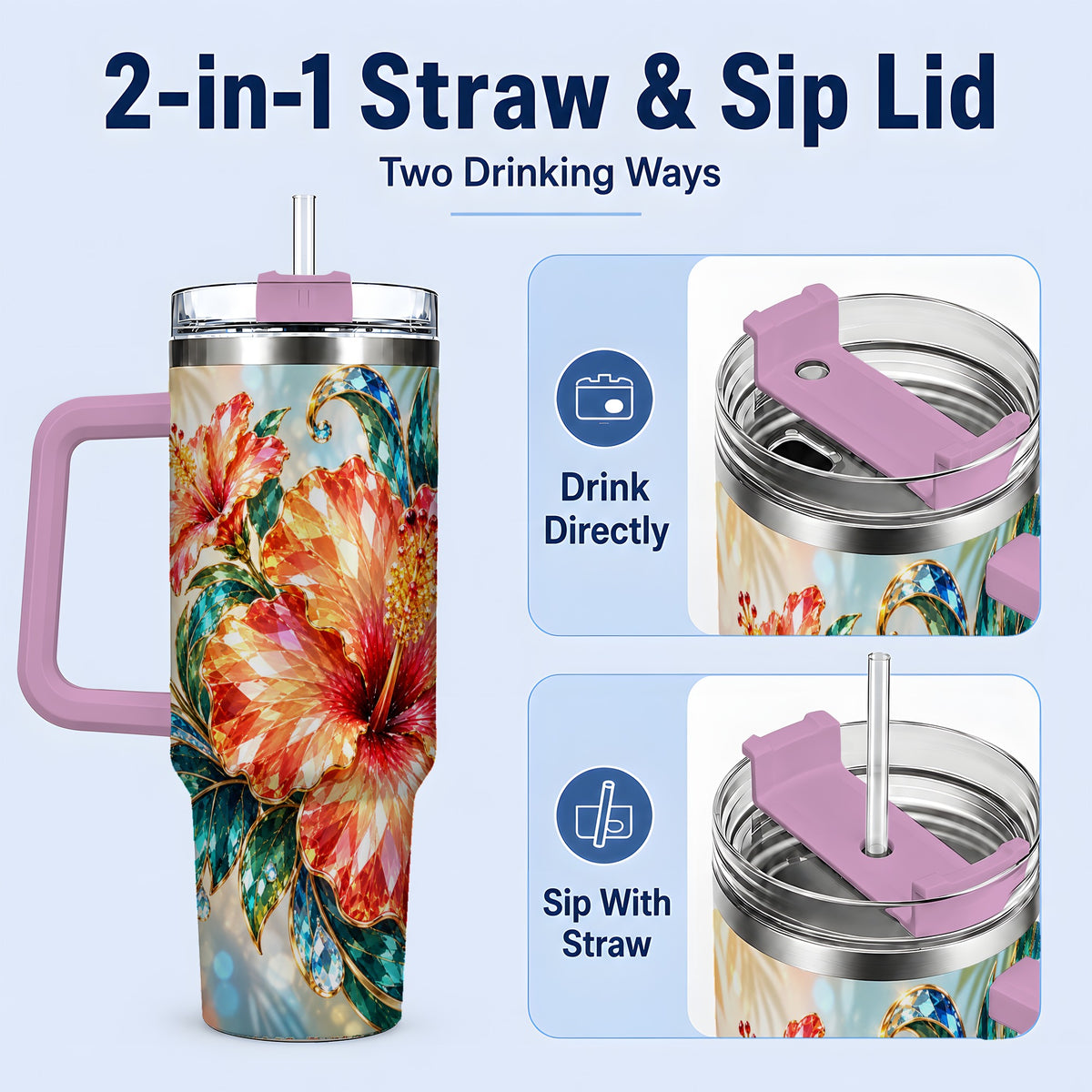 #pl[40oz|Pink] Jeweled Hibiscus Tropical Floral 40oz Tumbler for Flower Art Lovers