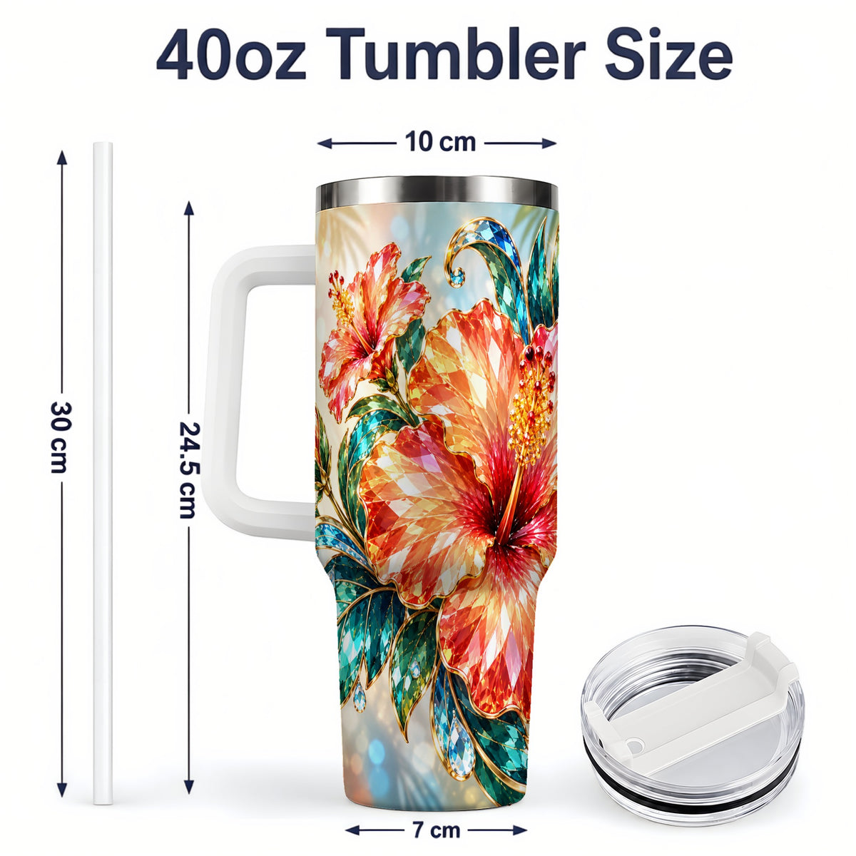 #pl[40oz|White] Jeweled Hibiscus Tropical Floral 40oz Tumbler for Flower Art Lovers