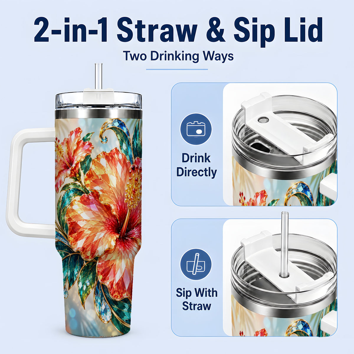 #pl[40oz|White] Jeweled Hibiscus Tropical Floral 40oz Tumbler for Flower Art Lovers
