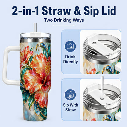 #pl[40oz|White] Jeweled Hibiscus Tropical Floral 40oz Tumbler for Flower Art Lovers
