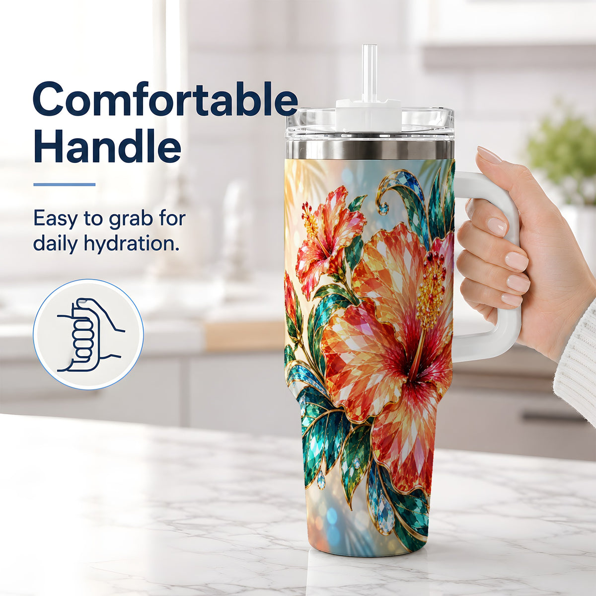 #pl[40oz|White] Jeweled Hibiscus Tropical Floral 40oz Tumbler for Flower Art Lovers