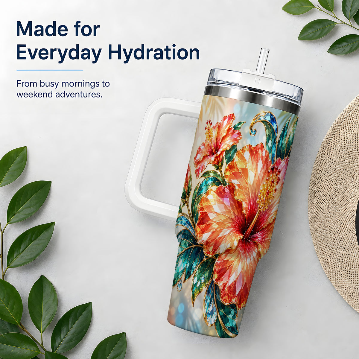 Jeweled Hibiscus Tropical Floral 40oz Tumbler for Flower Art Lovers