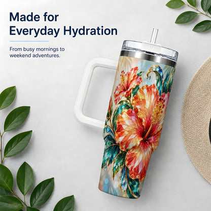 Jeweled Hibiscus Tropical Floral 40oz Tumbler for Flower Art Lovers