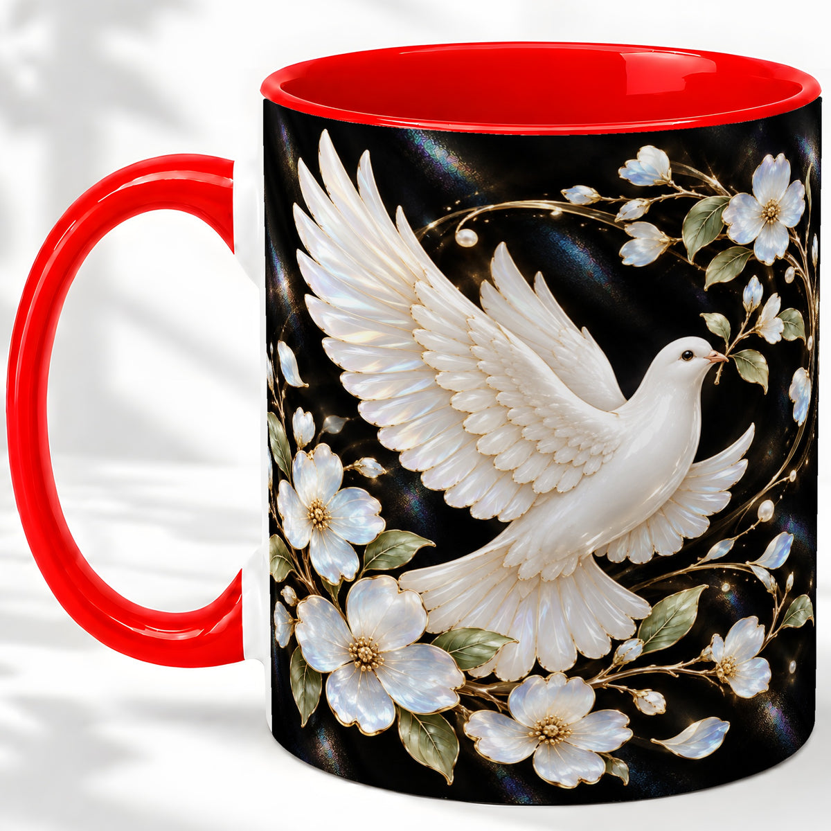 White Dove Floral Ceramic Mug for Bird Lovers