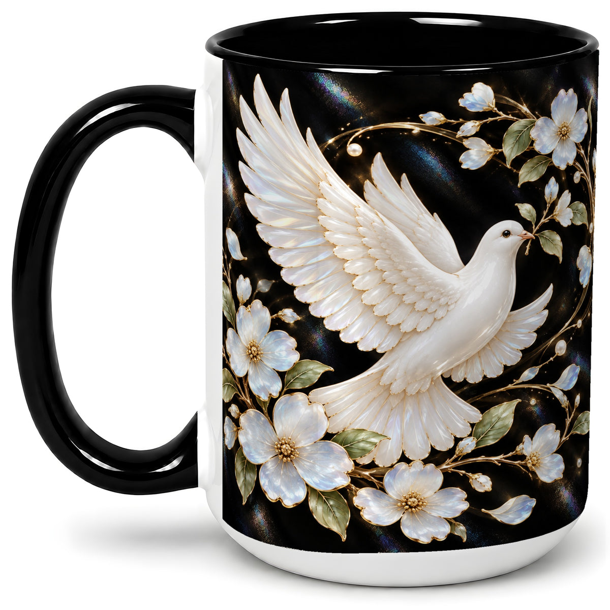 #pl[15oz|Black] White Dove Floral Ceramic Mug for Bird Lovers
