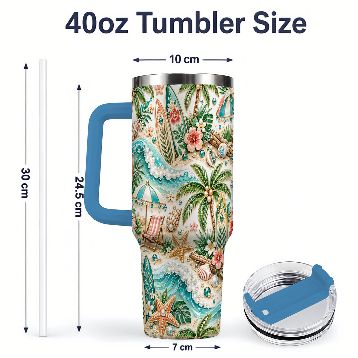 #pl[40oz|Blue] Tropical Surf Beach Pattern 40oz Tumbler with Palm Tree Coastal Artwork