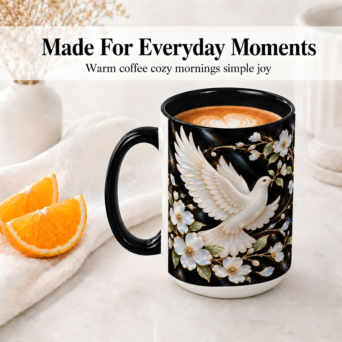 #pl[15oz|Black] White Dove Floral Ceramic Mug for Bird Lovers