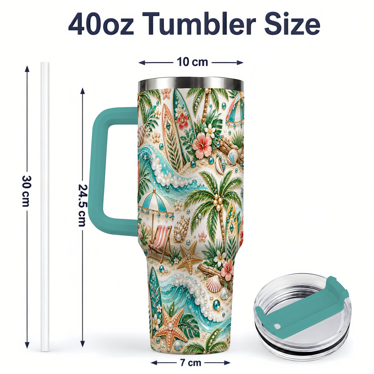 #pl[40oz|Green] Tropical Surf Beach Pattern 40oz Tumbler with Palm Tree Coastal Artwork