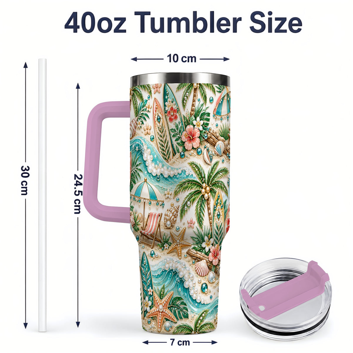 #pl[40oz|Pink] Tropical Surf Beach Pattern 40oz Tumbler with Palm Tree Coastal Artwork
