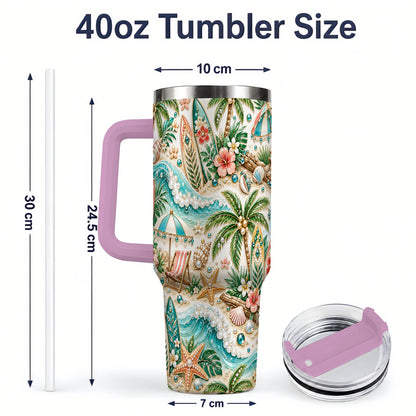 #pl[40oz|Pink] Tropical Surf Beach Pattern 40oz Tumbler with Palm Tree Coastal Artwork