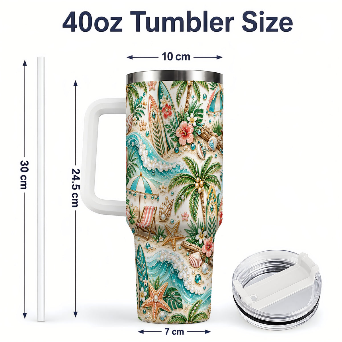 #pl[40oz|White] Tropical Surf Beach Pattern 40oz Tumbler with Palm Tree Coastal Artwork