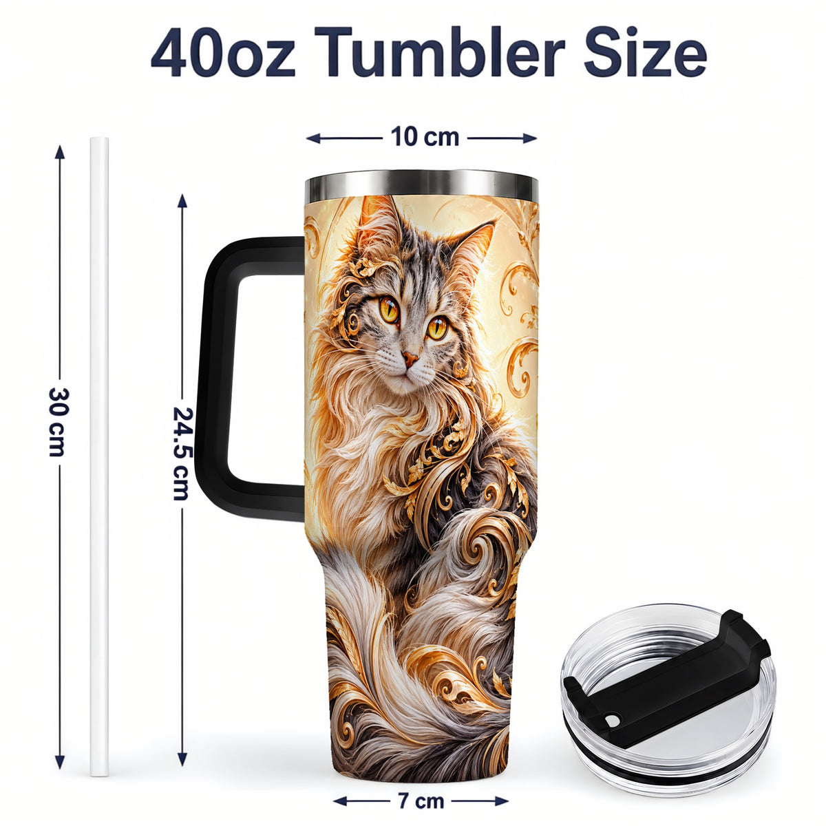 #pl[40oz|Black] Ornate Baroque Cat Floral 40oz Tumbler with Golden Scroll Artwork