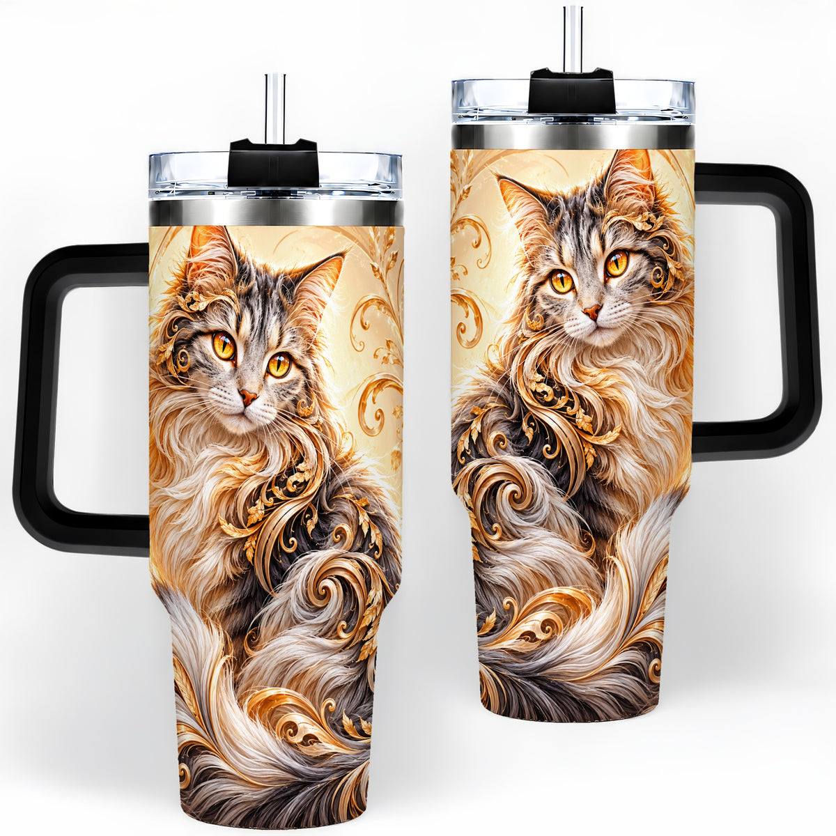 #pl[40oz|Black] Ornate Baroque Cat Floral 40oz Tumbler with Golden Scroll Artwork