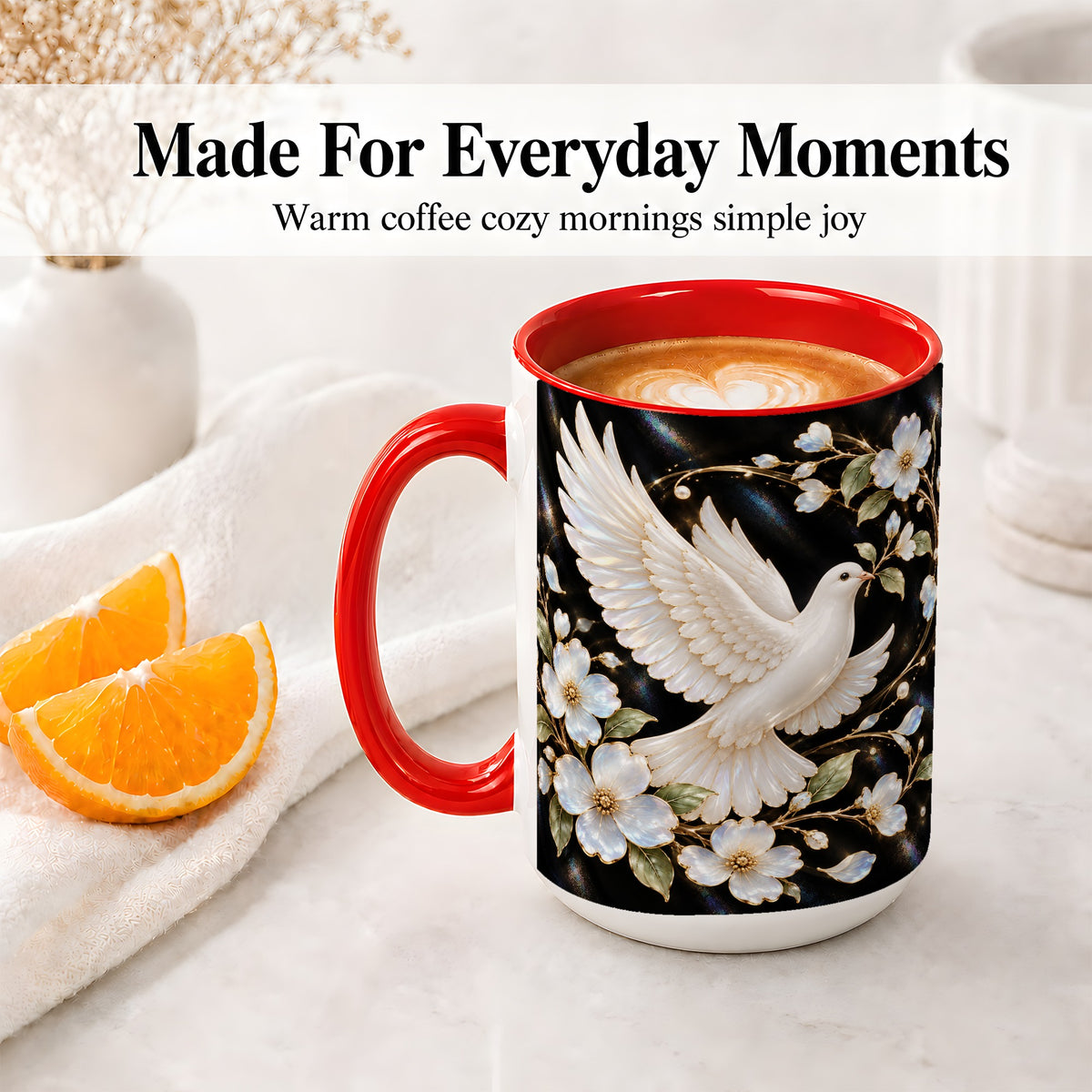 #pl[15oz|Red] White Dove Floral Ceramic Mug for Bird Lovers