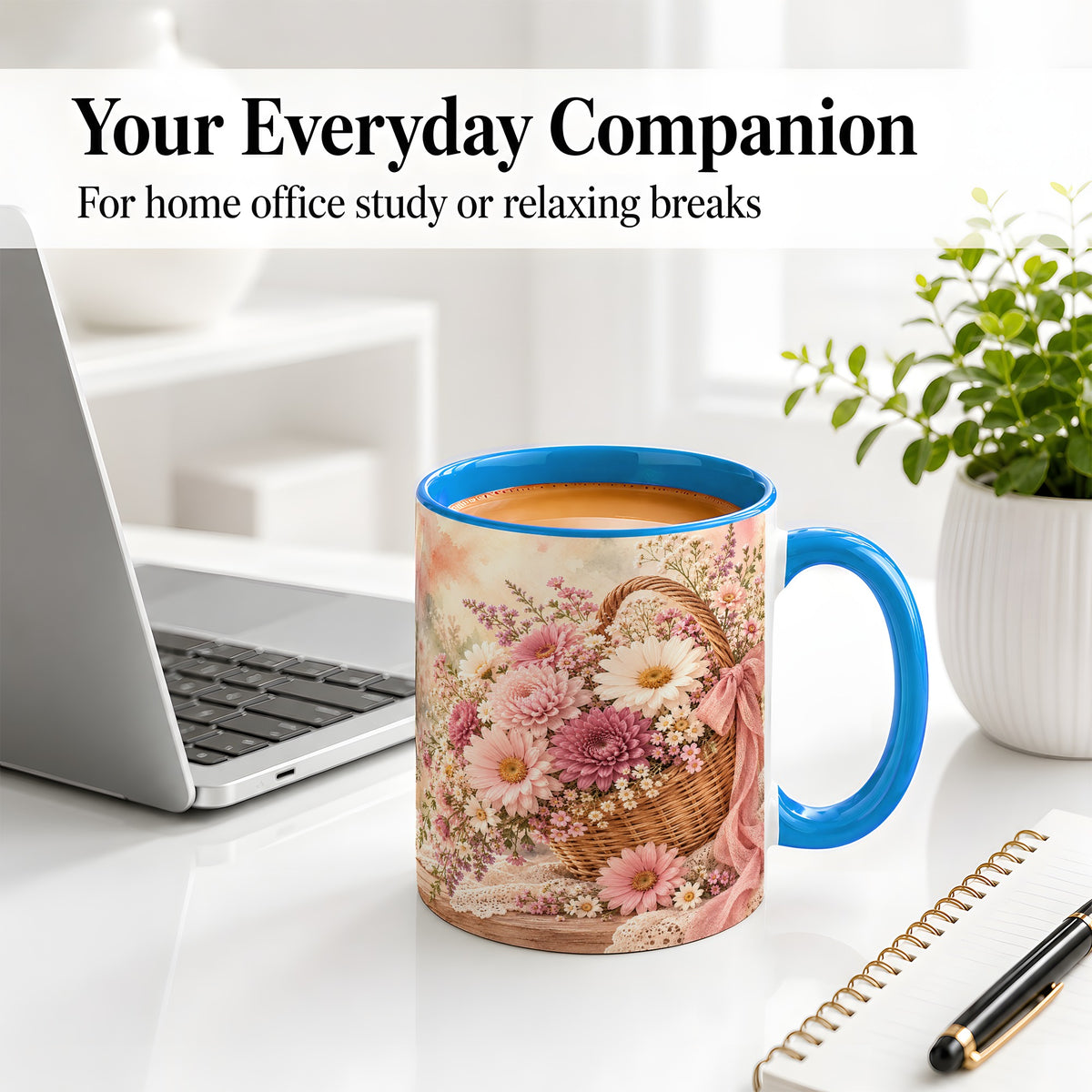 #pl[11oz|Blue] Pink Flower Basket Ceramic Mug for Flower Lovers