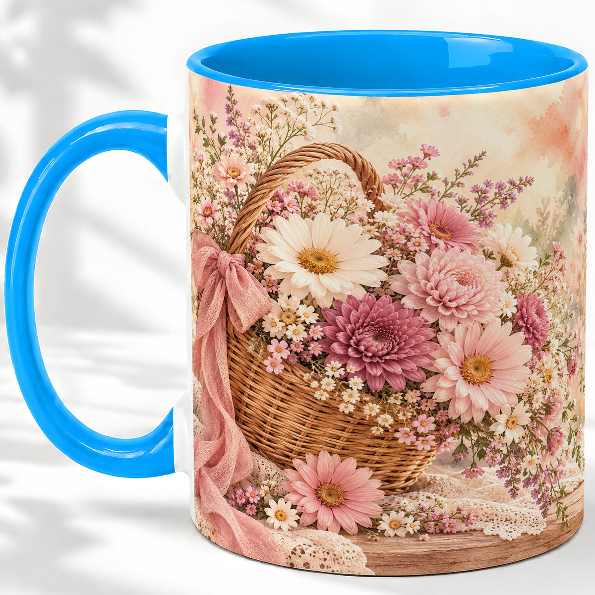 #pl[11oz|Blue] Pink Flower Basket Ceramic Mug for Flower Lovers