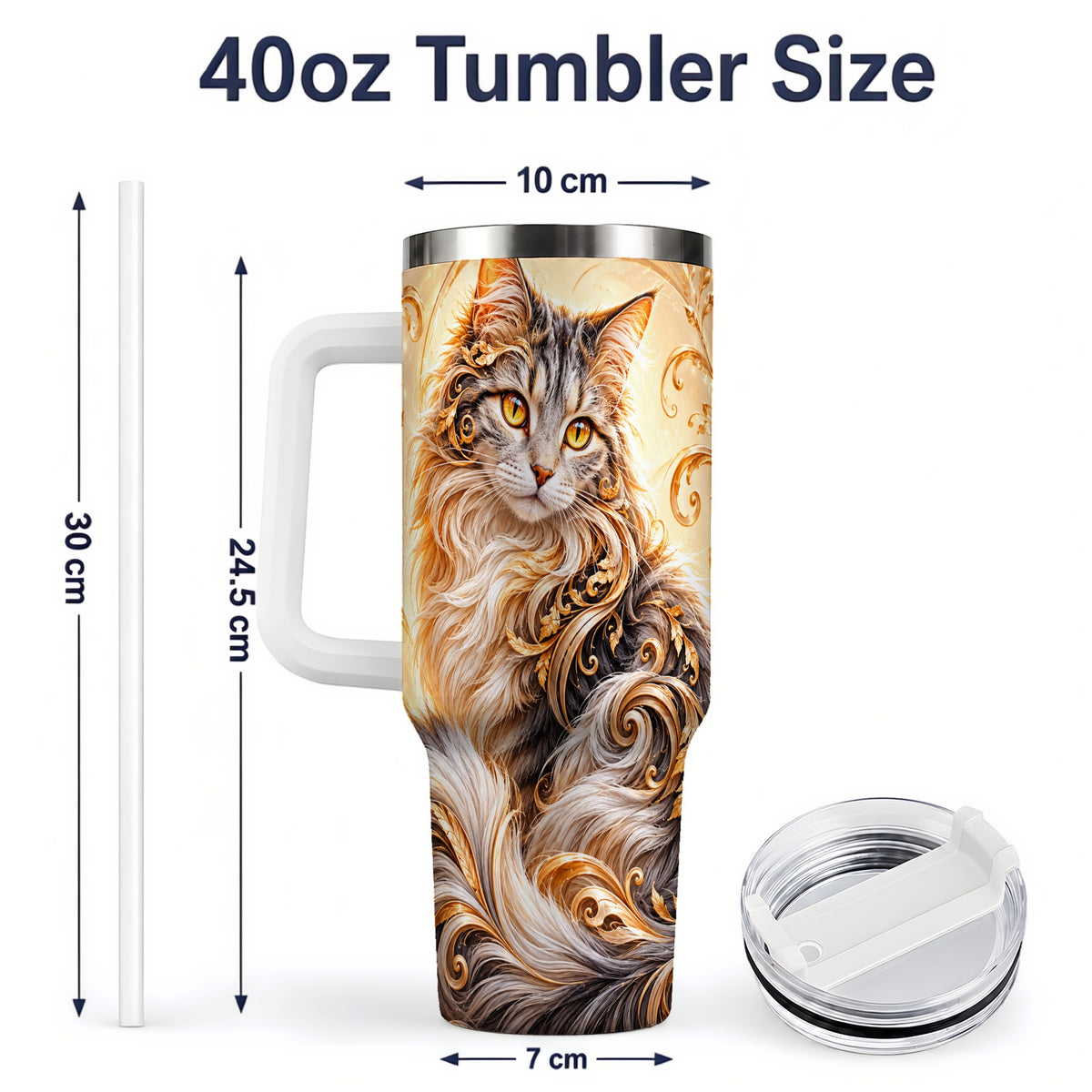 #pl[40oz|White] Ornate Baroque Cat Floral 40oz Tumbler with Golden Scroll Artwork