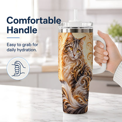 #pl[40oz|White] Ornate Baroque Cat Floral 40oz Tumbler with Golden Scroll Artwork