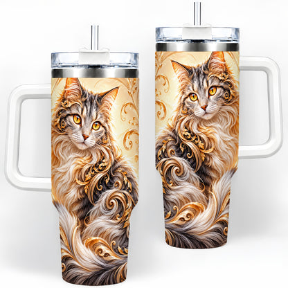 Ornate Baroque Cat Floral 40oz Tumbler with Golden Scroll Artwork