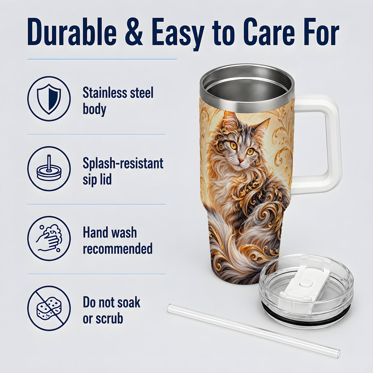 Ornate Baroque Cat Floral 40oz Tumbler with Golden Scroll Artwork