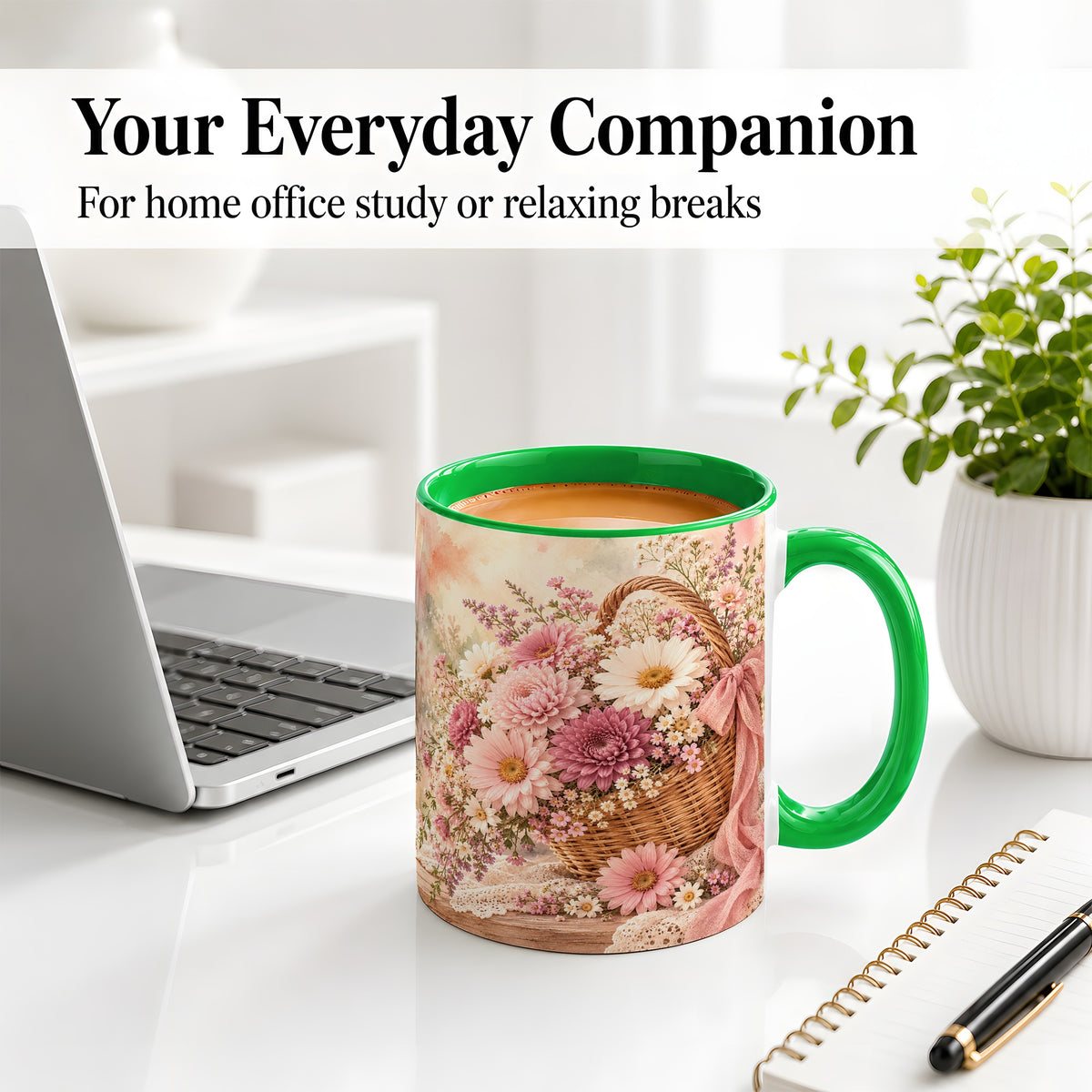 #pl[11oz|Green] Pink Flower Basket Ceramic Mug for Flower Lovers