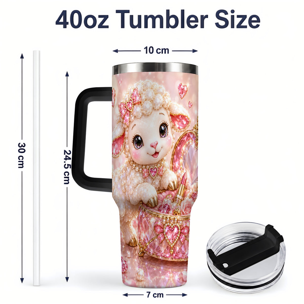 #pl[40oz|Black] Pink Jeweled Lamb Vanity 40oz Tumbler with Heart Bow Pearl Artwork