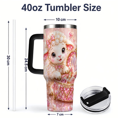 #pl[40oz|Black] Pink Jeweled Lamb Vanity 40oz Tumbler with Heart Bow Pearl Artwork