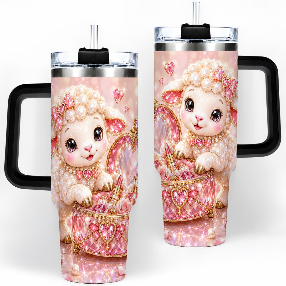 #pl[40oz|Black] Pink Jeweled Lamb Vanity 40oz Tumbler with Heart Bow Pearl Artwork