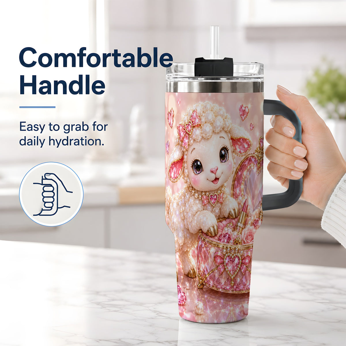 #pl[40oz|Black] Pink Jeweled Lamb Vanity 40oz Tumbler with Heart Bow Pearl Artwork