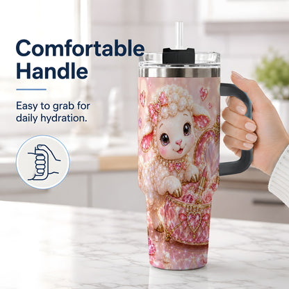 #pl[40oz|Black] Pink Jeweled Lamb Vanity 40oz Tumbler with Heart Bow Pearl Artwork