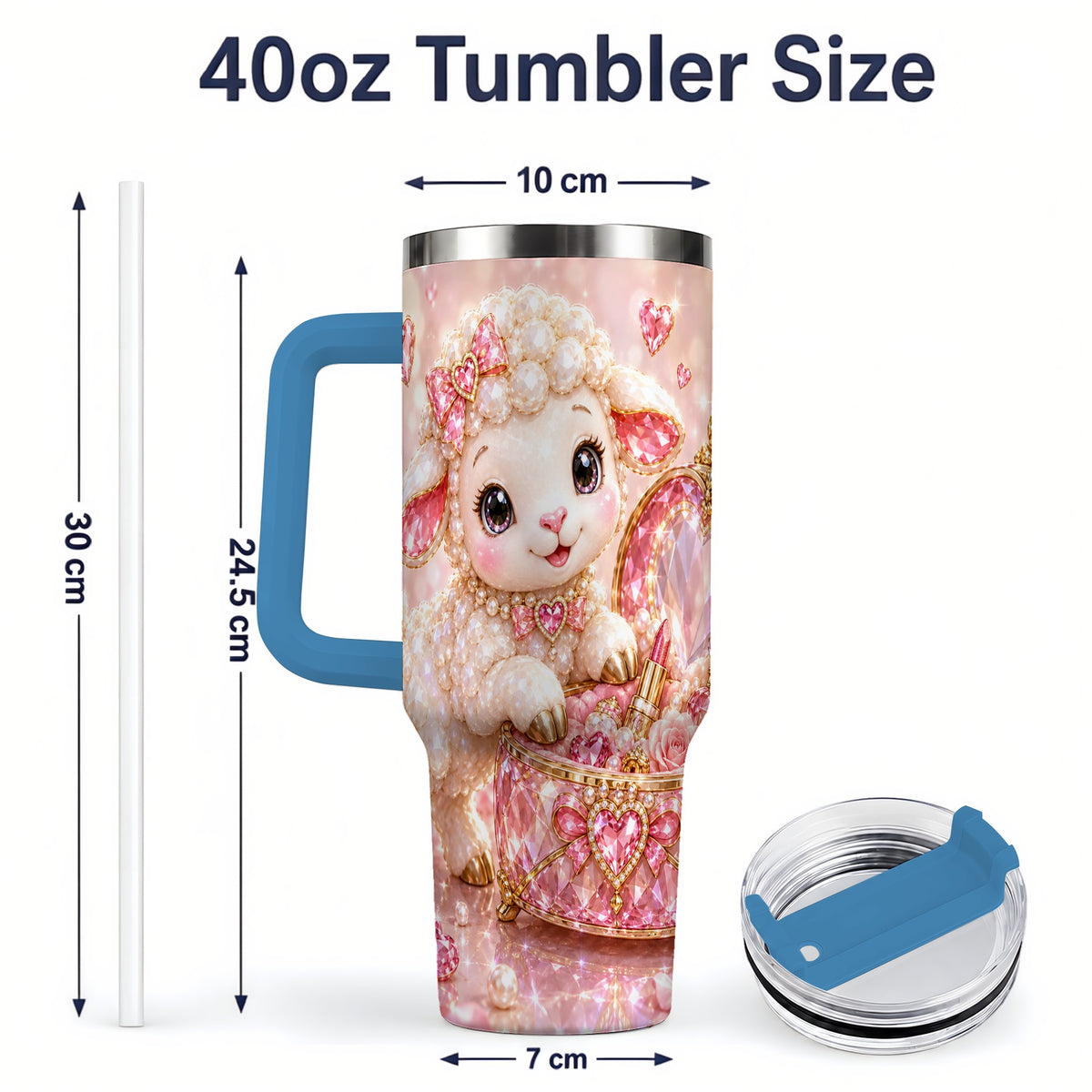 #pl[40oz|Blue] Pink Jeweled Lamb Vanity 40oz Tumbler with Heart Bow Pearl Artwork