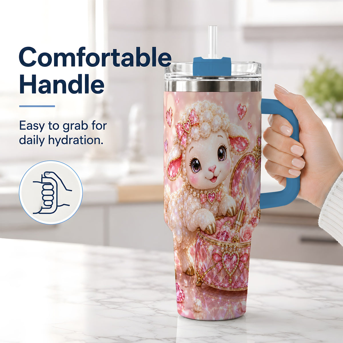 #pl[40oz|Blue] Pink Jeweled Lamb Vanity 40oz Tumbler with Heart Bow Pearl Artwork