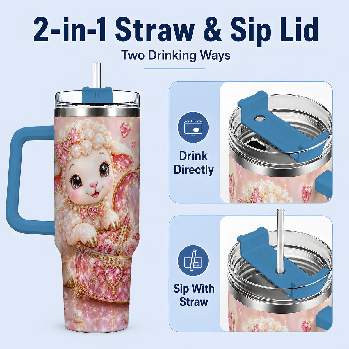 #pl[40oz|Blue] Pink Jeweled Lamb Vanity 40oz Tumbler with Heart Bow Pearl Artwork