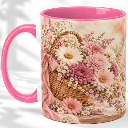 #pl[11oz|Pink] Pink Flower Basket Ceramic Mug for Flower Lovers