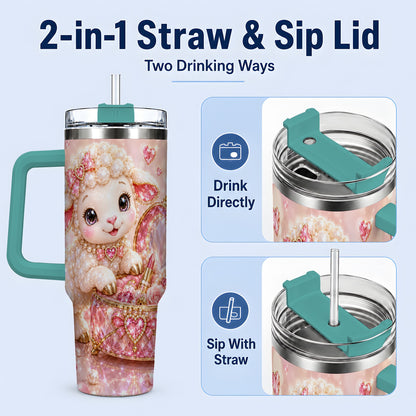 #pl[40oz|Green] Pink Jeweled Lamb Vanity 40oz Tumbler with Heart Bow Pearl Artwork