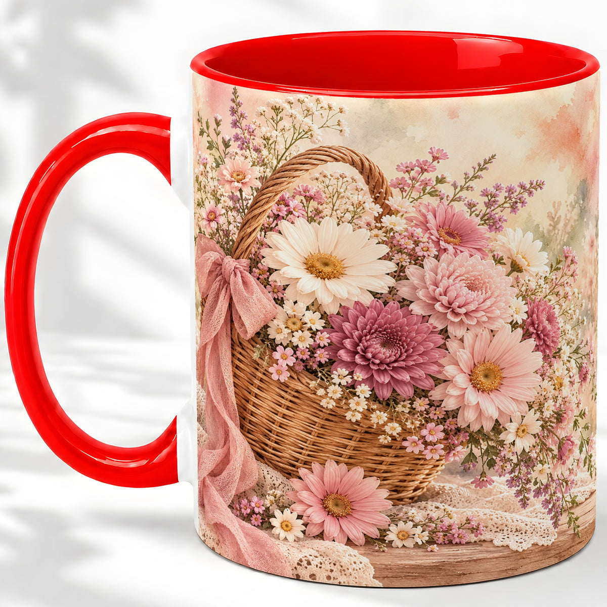 Pink Flower Basket Ceramic Mug for Flower Lovers