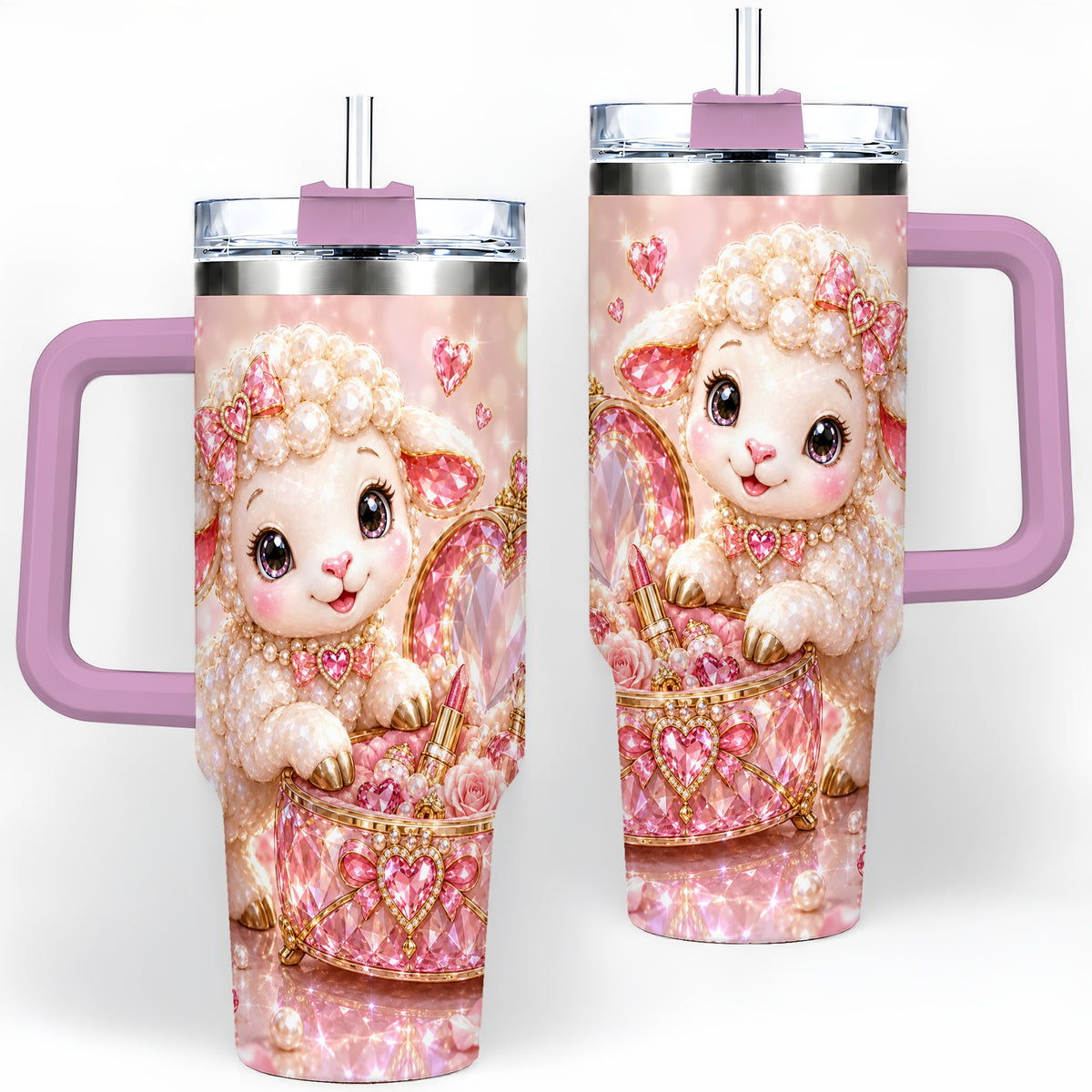 #pl[40oz|Pink] Pink Jeweled Lamb Vanity 40oz Tumbler with Heart Bow Pearl Artwork